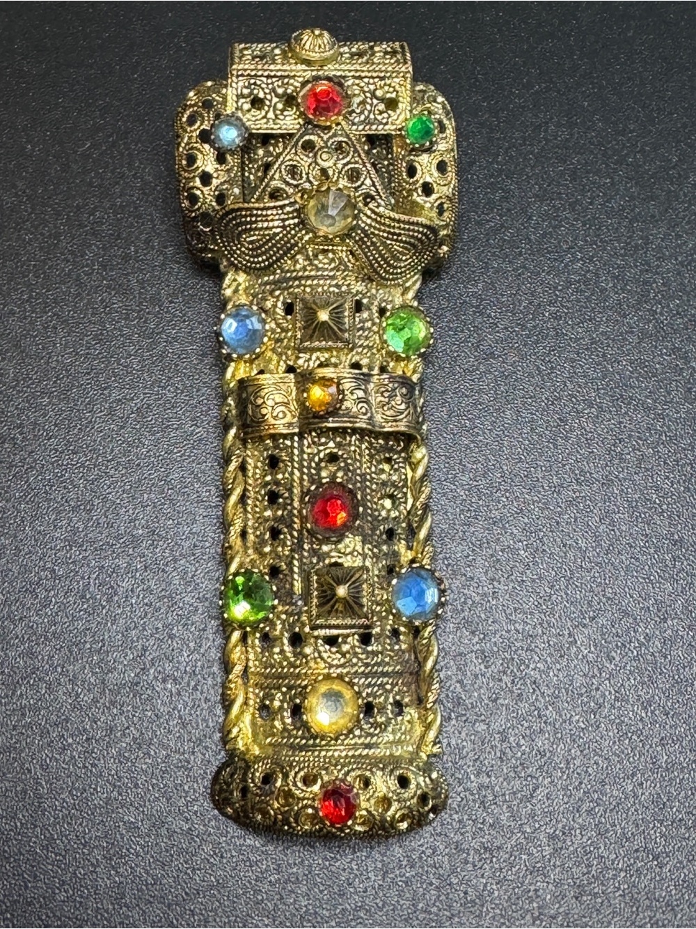 Vintage Art Deco Czechoslovakia Gold Filigree Multi Color Rhinestone Dress Clip